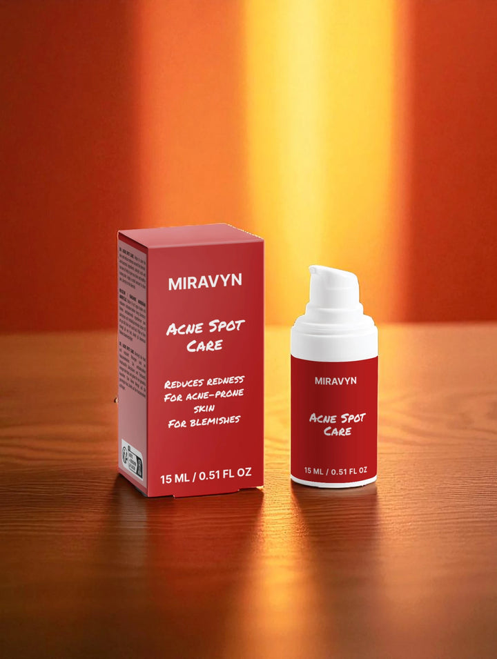 Miravyn Acne Spot Treatment box packaging on a wooden surface with a golden light background.