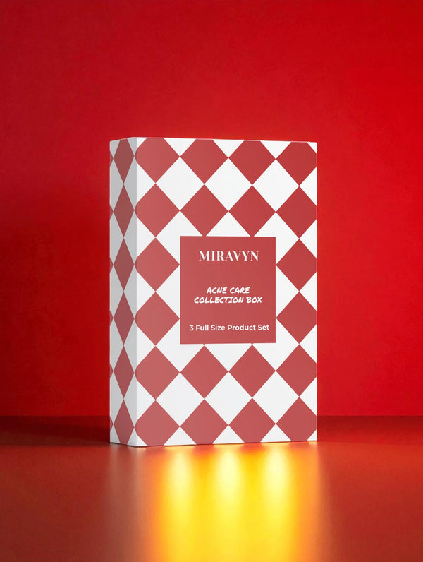 Miravyn acne spot treatment collection box with red and white checkered pattern on a red background.