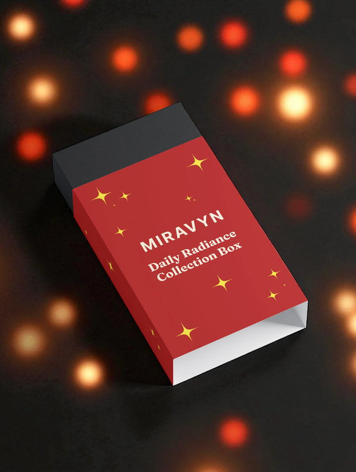 Red 'Miravyn Daily Radiance Collection Box' on a dark background with glowing lights.