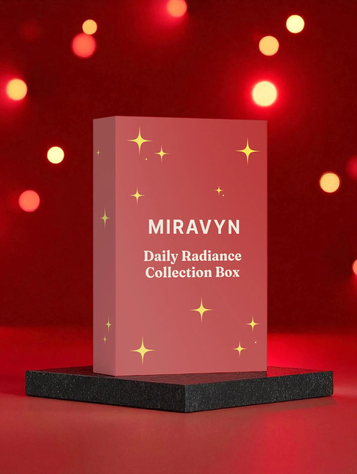 Miravyn Daily Radiance Collection Box on a red background with blurred lights.