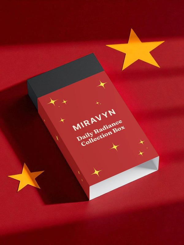 Red 'Miravyn Daily Radiance Collection Box' on a red background with yellow stars.