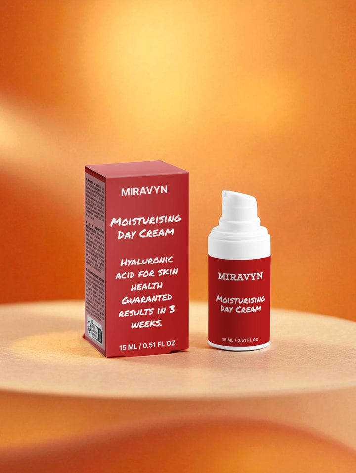 Miravyn moisturizing day cream bottle and packaging on an orange background.