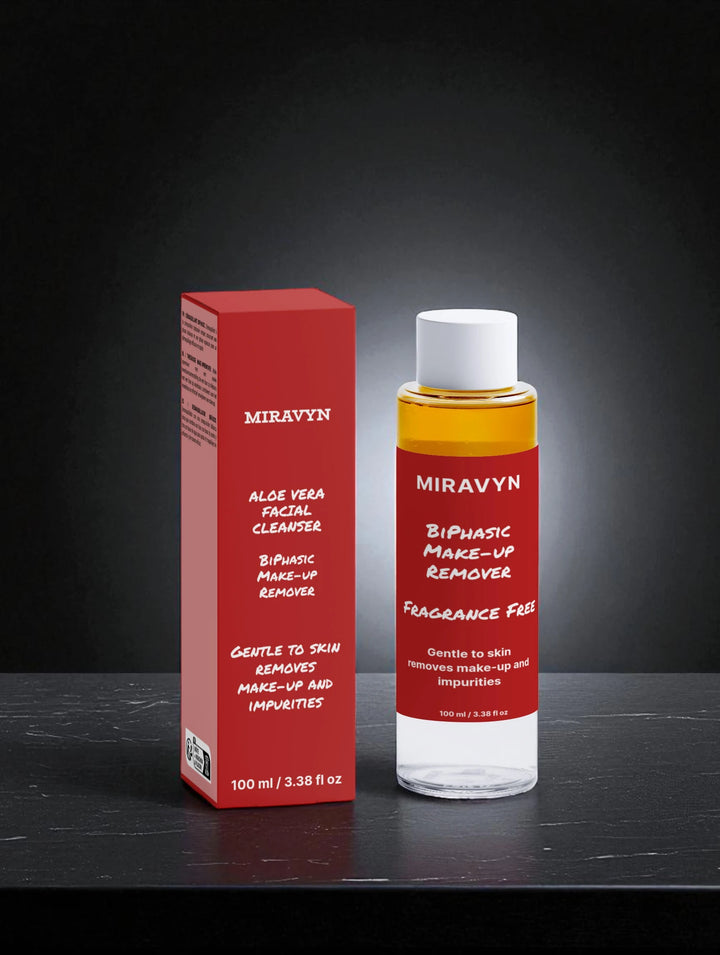 Miravyn aloe vera facial cleanser skincare packaging on a dark background.