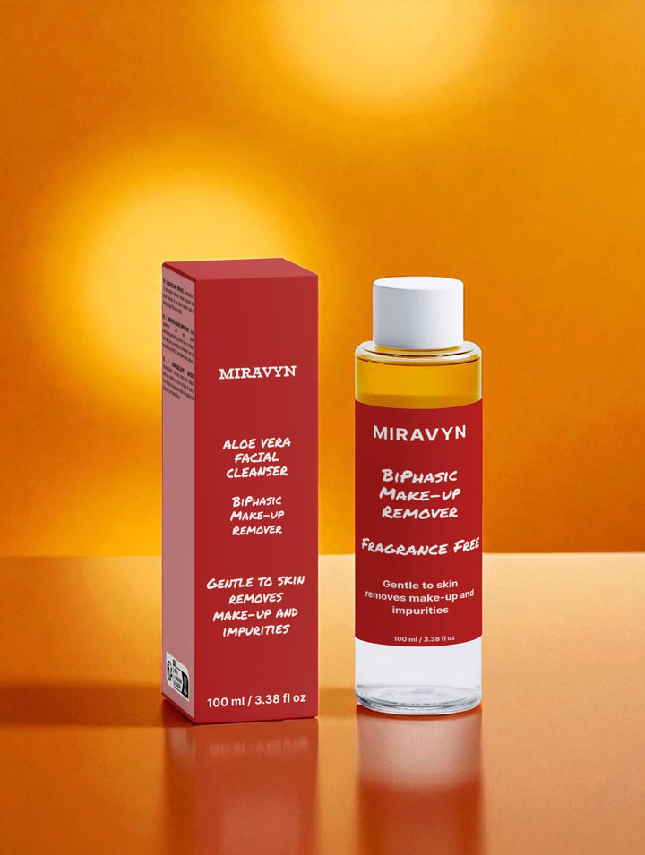 Miravyn aloe vera facial cleanser on an orange background.