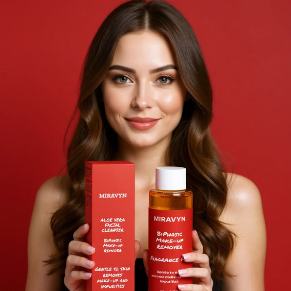 Woman holding Miravyn aloe vera facial cleanser product against a red background.