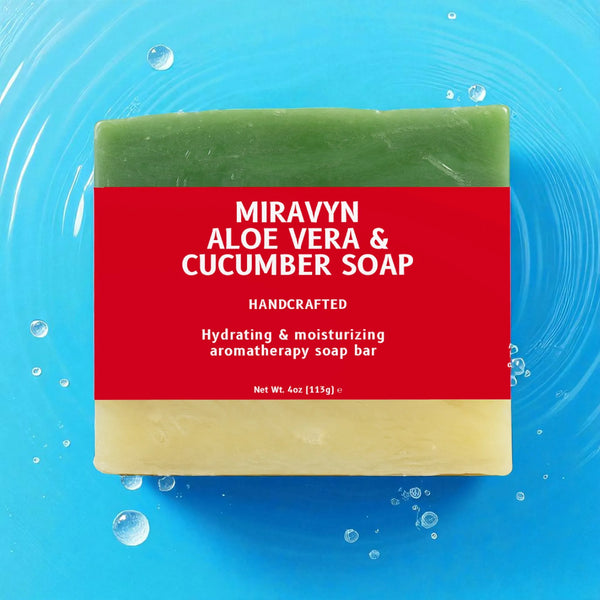 Miravyn Aloe Vera & Cucumber Soap on a blue background with water droplets.