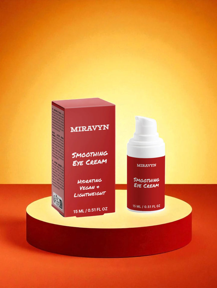 Miravyn Smoothing Eye Cream with packaging on an orange background.