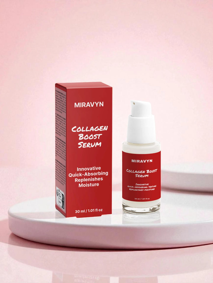 Miravyn Collagen Boost Serum bottle and packaging on a pink background.