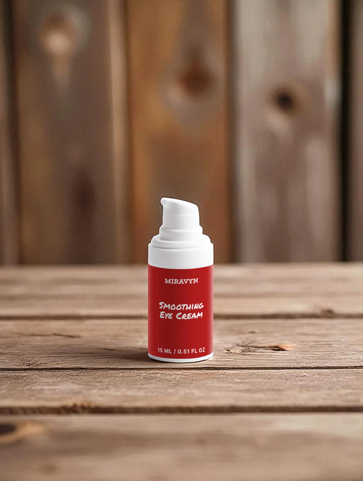 Miravyn eye cream bottle with white cap on a wooden surface.
