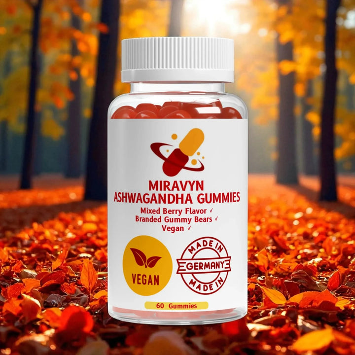 Bottle of Ashwagandha Gummies branded gummy bears with a forest background.