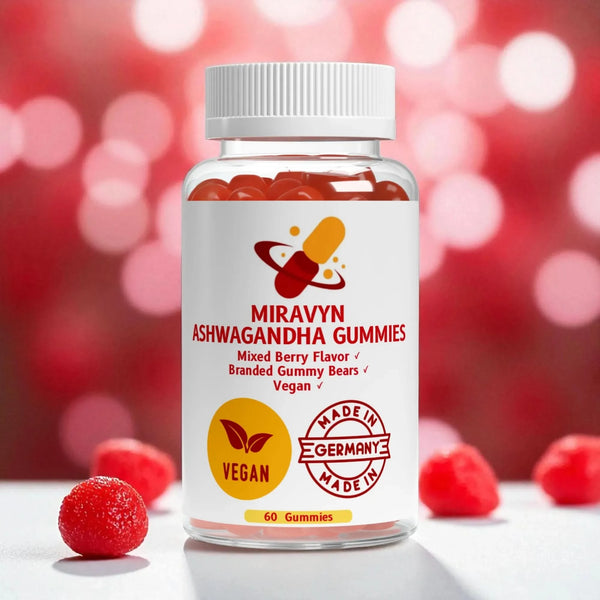 Bottle of Ashwagandha Gummies branded gummy bears with a blurred red and pink background.