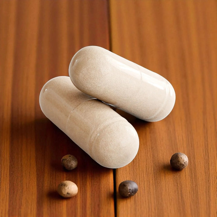 Ashwagandha supplement pills on a wooden surface, with black pepper grains around them. These capsules are used to relieve stress, boost immunity, and improve overall wellness.