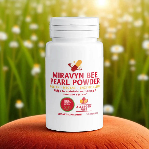 Bee Pearl Powder Bottle showcasing Pollen & Nectar Cellular Health Supplements.