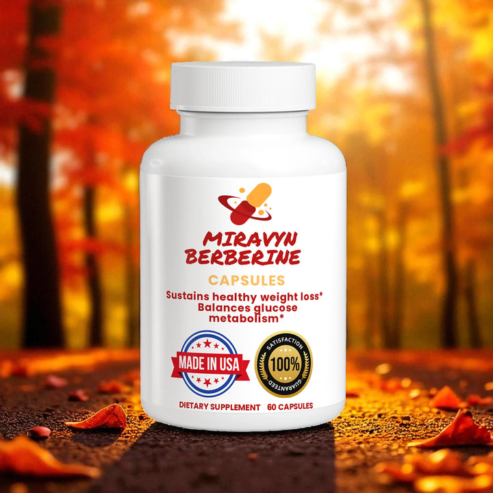 Miravyn Berberine for weight loss with autumn background.