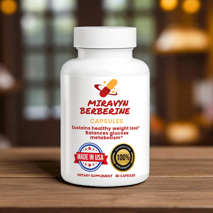 Miravyn Berberine to boost glucose control supplement bottle on a wooden surface with a blurred background.