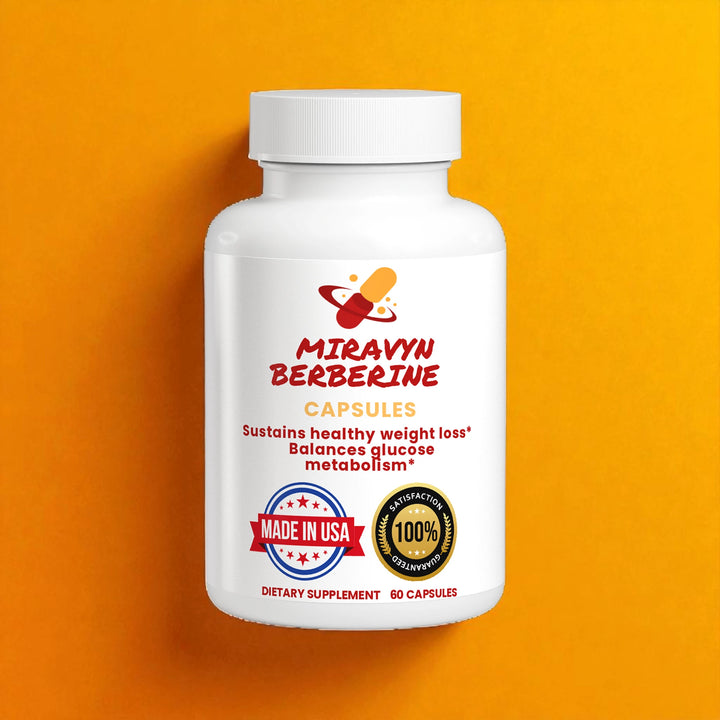 White bottle of Miravyn Berberine for weight loss ,capsules on an orange background.