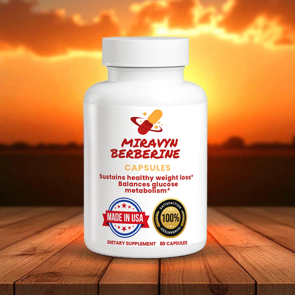Miravyn Berberine for weight loss on a wooden surface with a sunset background.