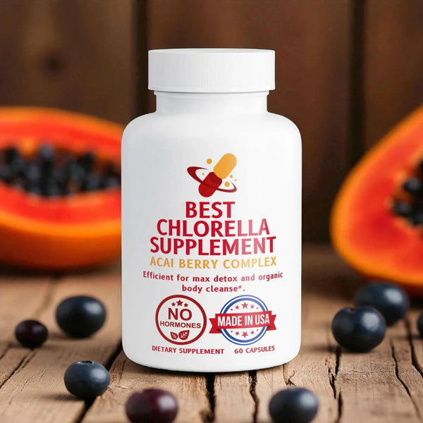 Bottle of 'Best Chlorella Supplement' for max detox with papayas and blueberries on a wooden surface.