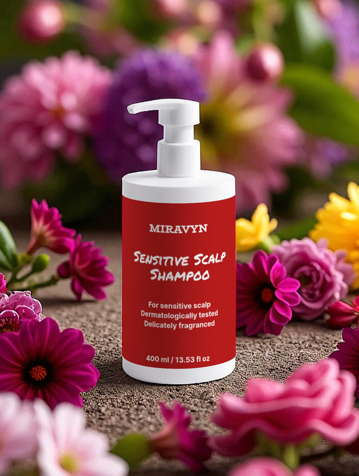 Miravyn sensitive scalp shampoo bottle with flowers in the background.