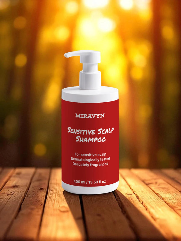 Miravyn Sensitive Scalp Shampoo on a wooden surface with a blurred natural background.