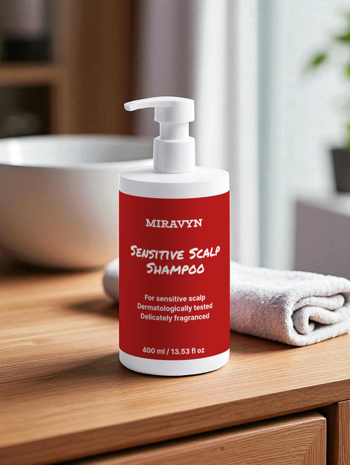 Miravyn sensitive scalp shampoo bottle on a wooden surface with a blurred background.