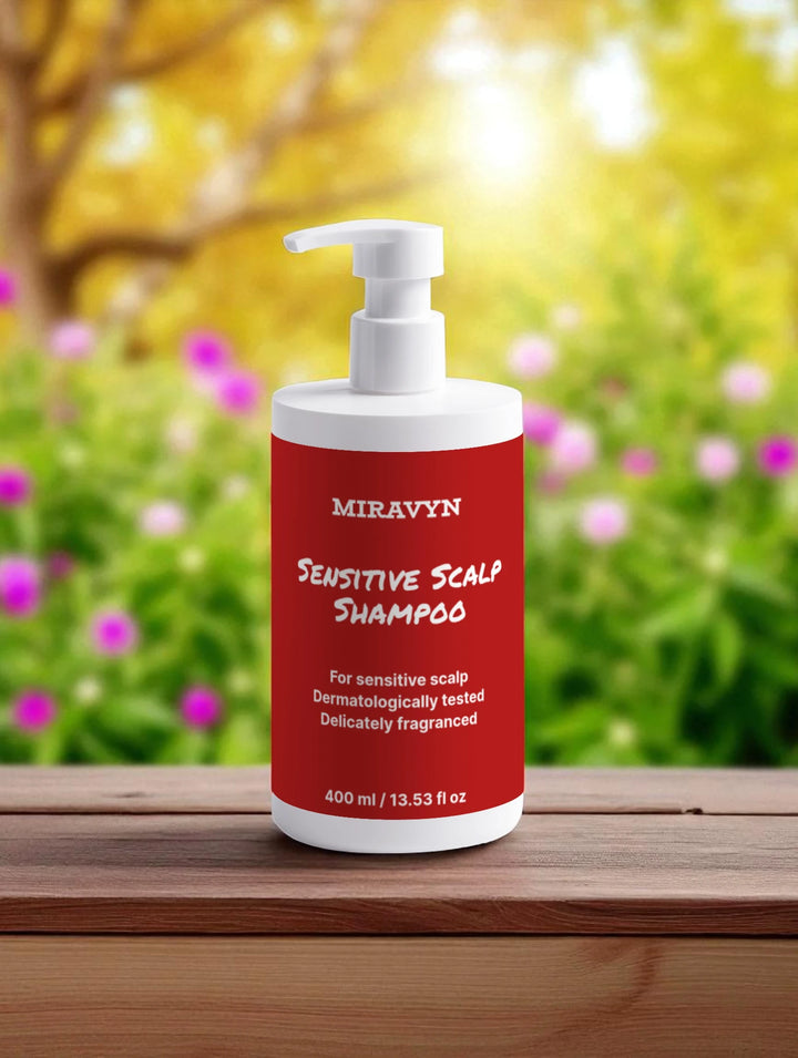 Miravyn sensitive scalp shampoo bottle on a wooden surface with a blurred natural background.