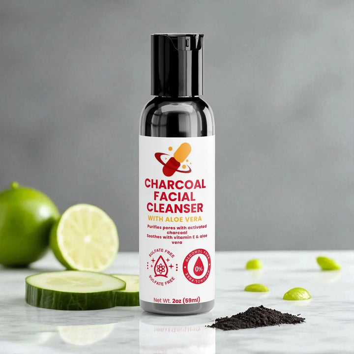 Close-up of Miravyn Charcoal Facial Cleanser with Aloe Vera, activated charcoal for oily skin and acne treatment, deep pore detox.