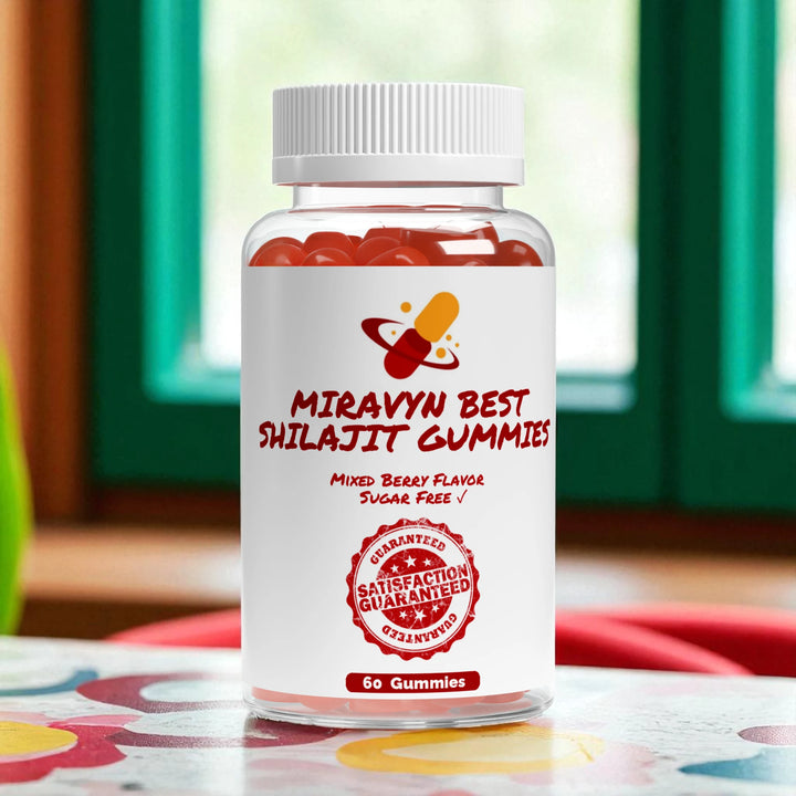 Bottle of Miravyn Best Shilajit Gummies on a colorful surface with a blurred background.