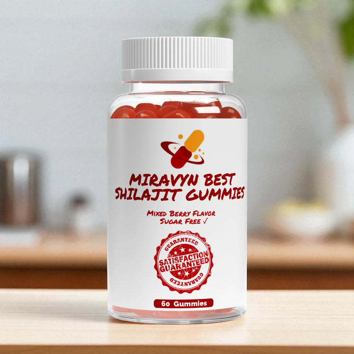 Bottle of Miravyn Best Shilajit Gummies on a wooden surface with a blurred background.