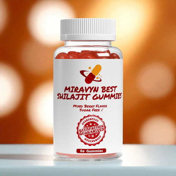 Bottle of Miravyn Best Shilajit Gummies on a blurred background.