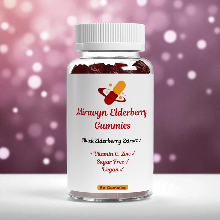 Bottle of Miravyn Black Elderberry Gummies with a purple bokeh effect.