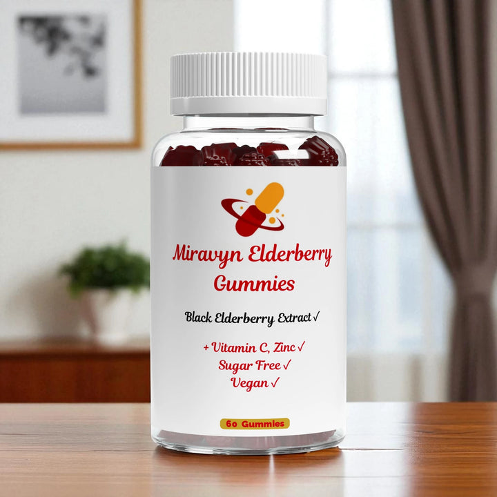Bottle of Miravyn Elderberry Gummies on a table with a blurred background.