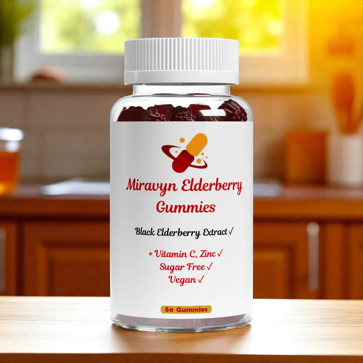 Bottle of Miravyn Elderberry Gummies on a kitchen counter.