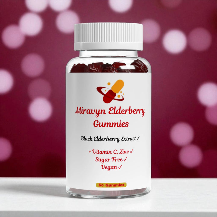 Bottle of Miravyn Elderberry Gummies with a violet bokeh effect background.