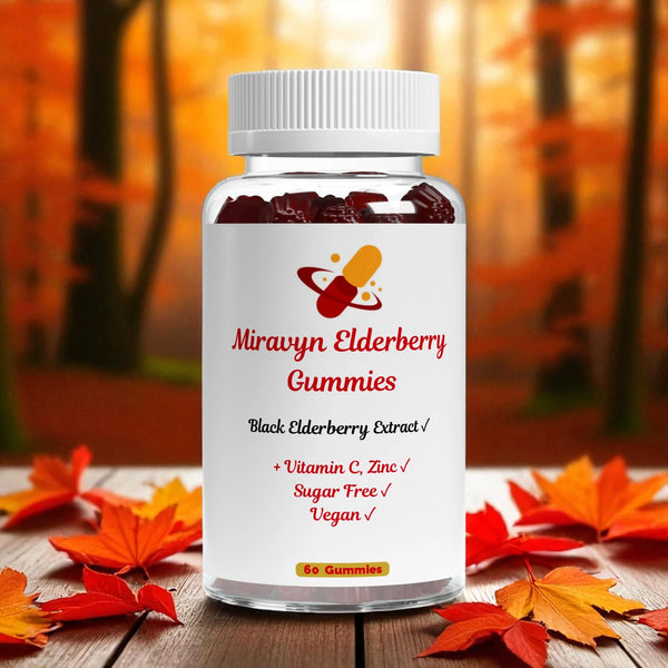 Bottle of Miravyn Black Elderberry Gummies with an autumn forest background.
