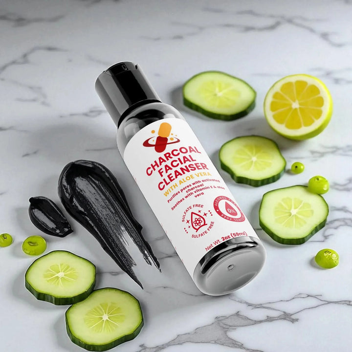 Miravyn Charcoal Facial Cleanser with Aloe Vera and activated charcoal, ideal for acne treatment, pore detox, and oily skin hydration.