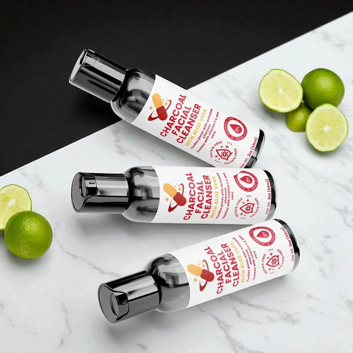 Miravyn Charcoal Facial Cleanser trio, designed for oily skin and acne treatment, with aloe vera and activated charcoal for deep pore detox and hydration.