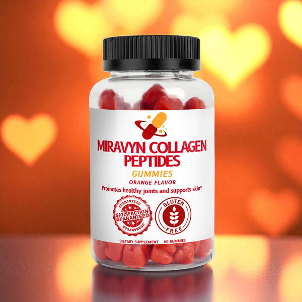 Bottle of Miravyn Collagen Peptides Gummies with a blurred heart-shaped light background.