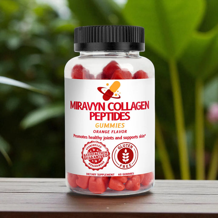 Bottle of Miravyn Collagen Peptides Gummies on a wooden surface with a blurred green background.