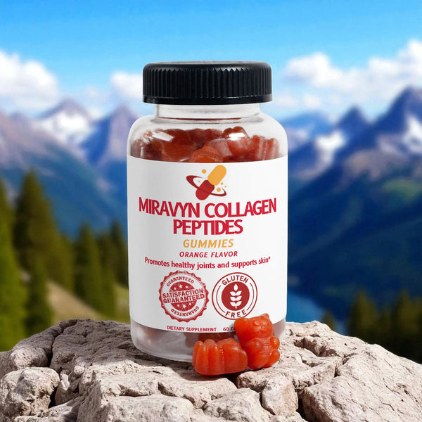 Jar of Miravyn Collagen Peptides Gummies with a mountainous background.