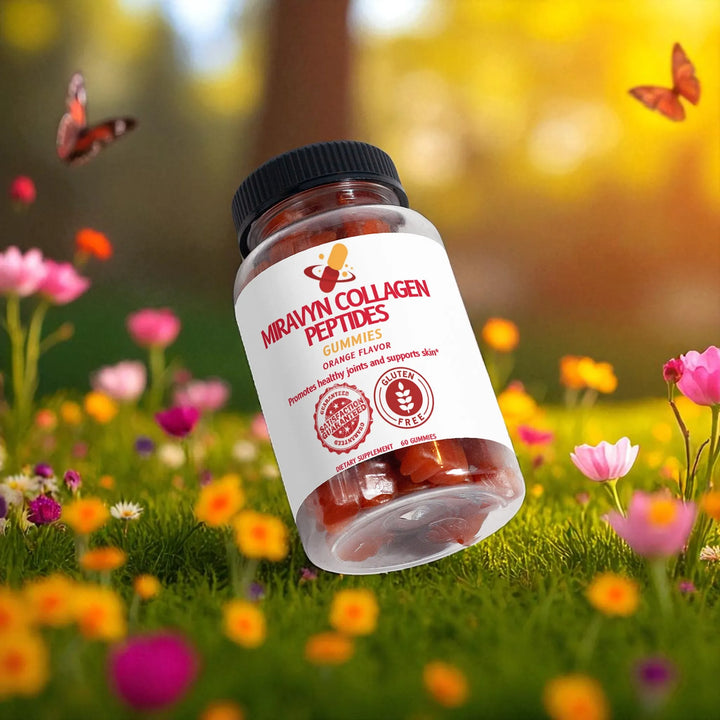 Jar of Mirayn Collagen Peptides gummies in a field with flowers and butterflies.