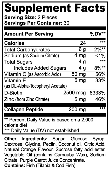 Supplement facts label with detailed nutritional information for collagen peptides gummies.