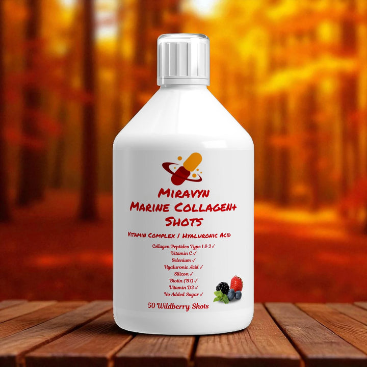 Bottle of Miravyn Marine Collagen Shots on a wooden surface with an autumn background.