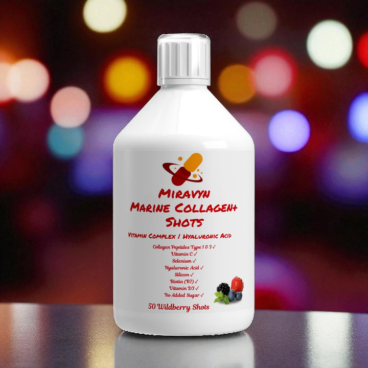 Miravyn Marine Collagen Shots with a colorful bokeh effect background.
