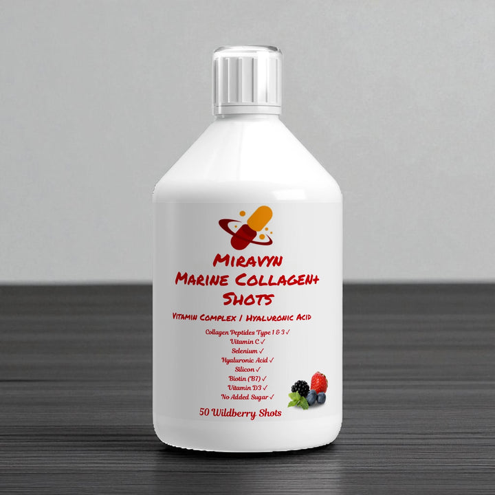 White bottle of Miravyn Marine Collagen Shots on a gray wooden background.