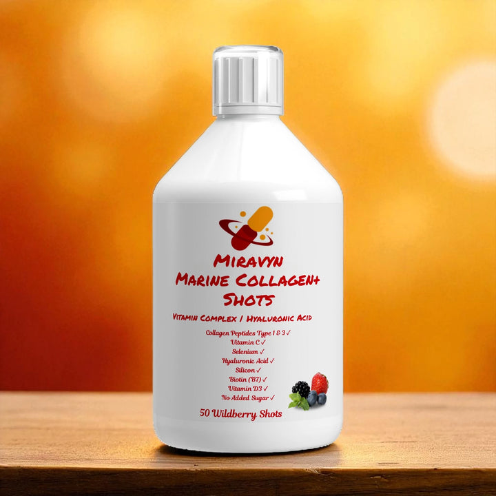 White bottle of Miravyn Marine Collagen Shots on a wooden surface with an orange gradient background.