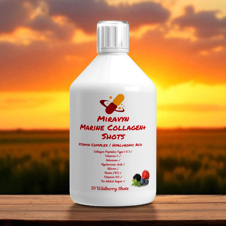 Miravyn Marine Collagen Shots bottle with a sunset background.