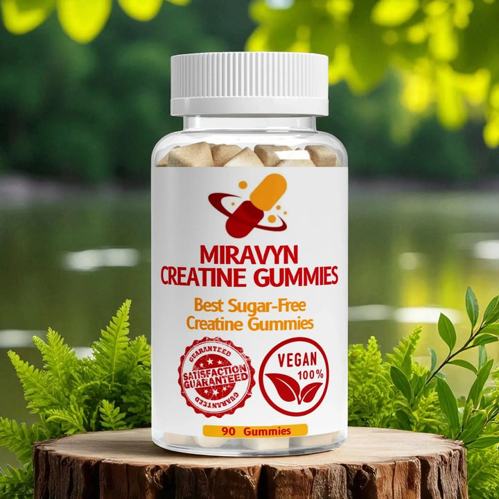 Creatine Gummies bottle on a tree stump with a natural background.