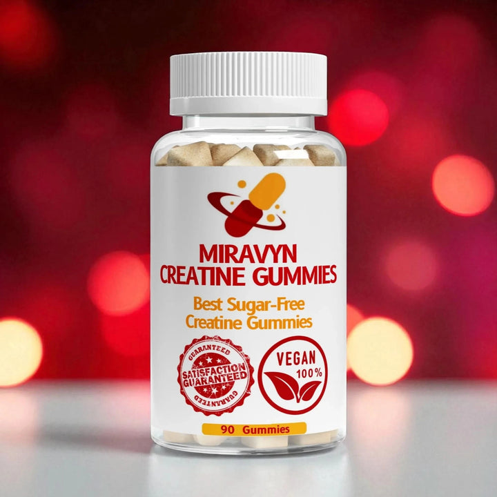 Miravyn Creatine Gummies with a red and white background on a marble table.