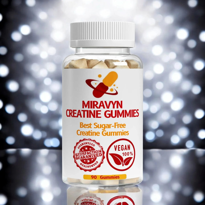 Bottle of Miravyn Creatine Gummies, the best sugar free creatine gummies with a bokeh effect.